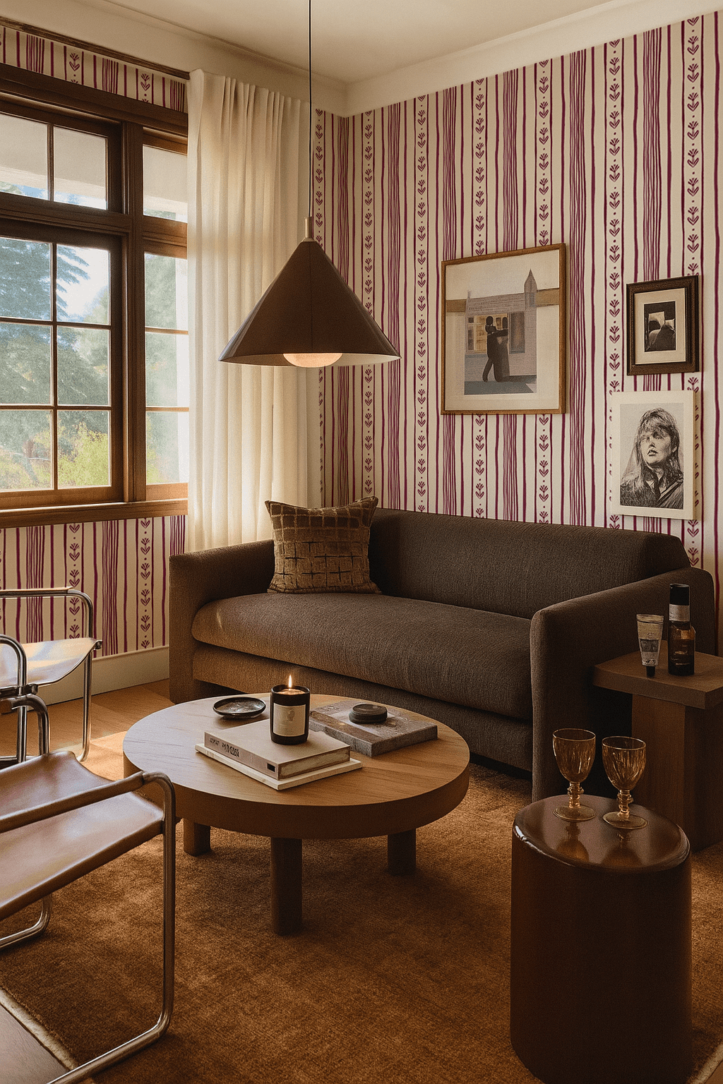 Daisy Chain Stripe Wallpaper, beige and eggplant purple