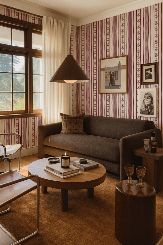 Daisy Chain Stripe Wallpaper, beige and eggplant purple