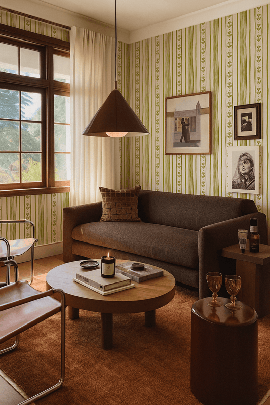 Daisy Chain Stripe Wallpaper, beige and chartreuse green
