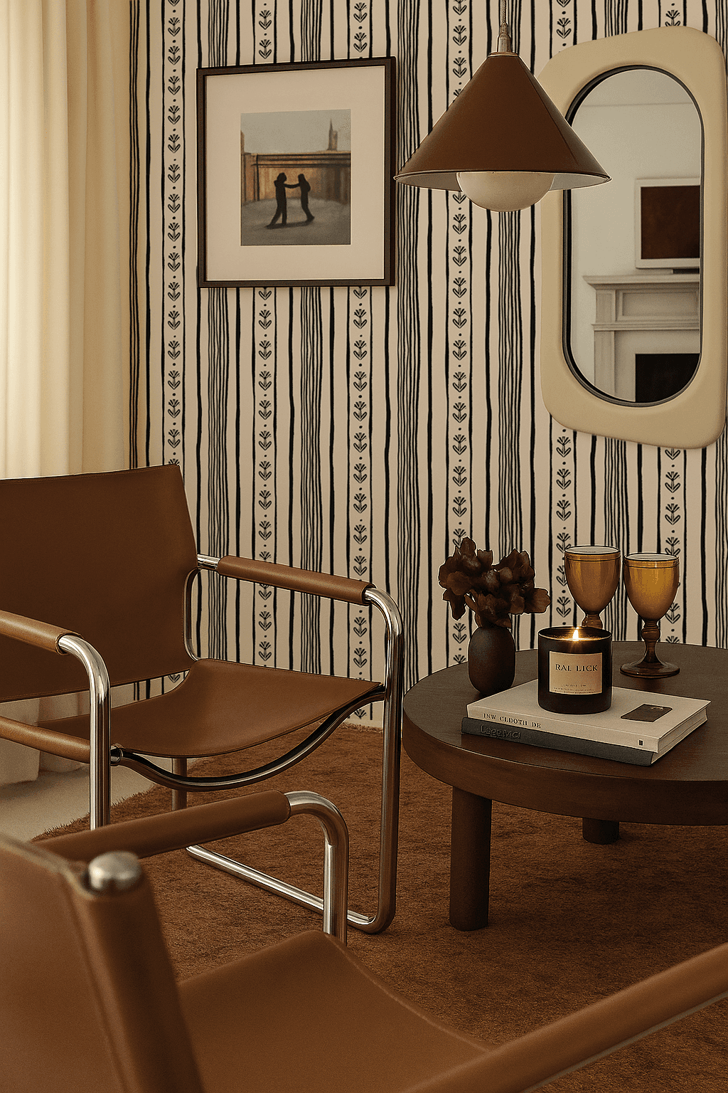 Daisy Chain Stripe Wallpaper, beige and black
