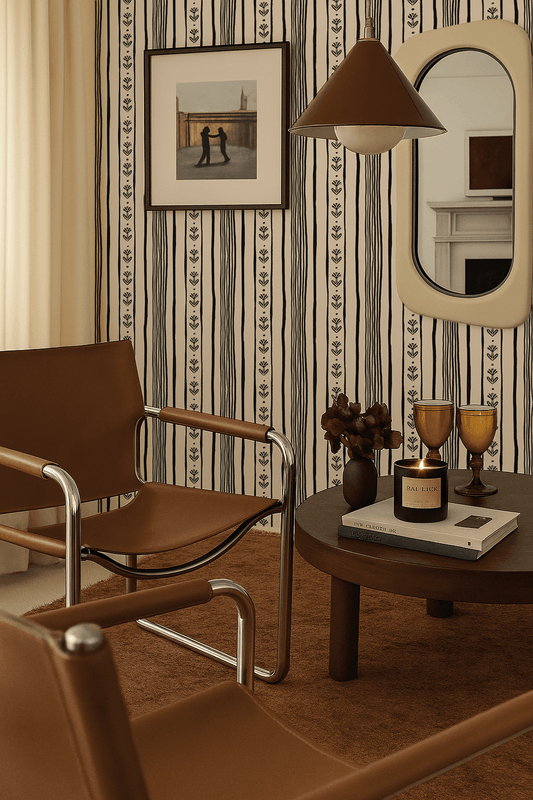 Daisy Chain Stripe Wallpaper, beige and black
