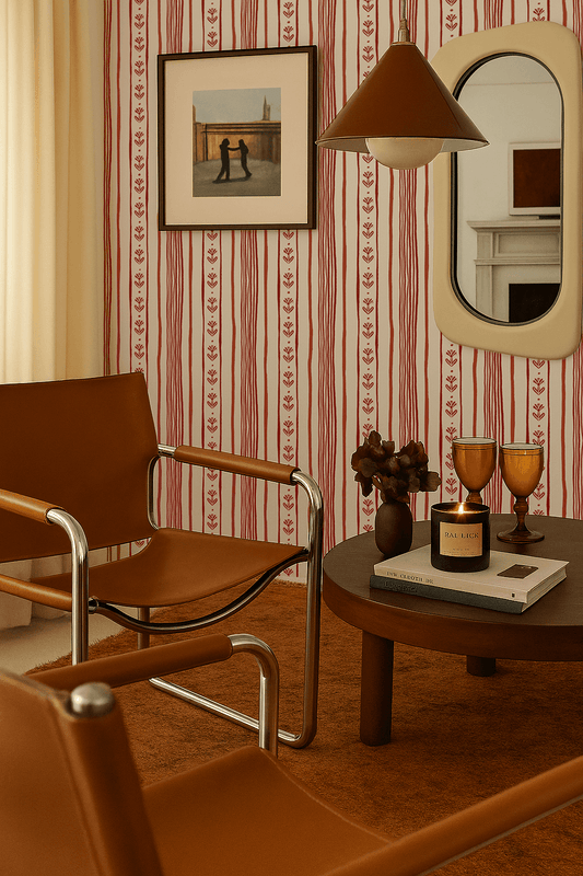 Daisy Chain Stripe Wallpaper, beige and brick red