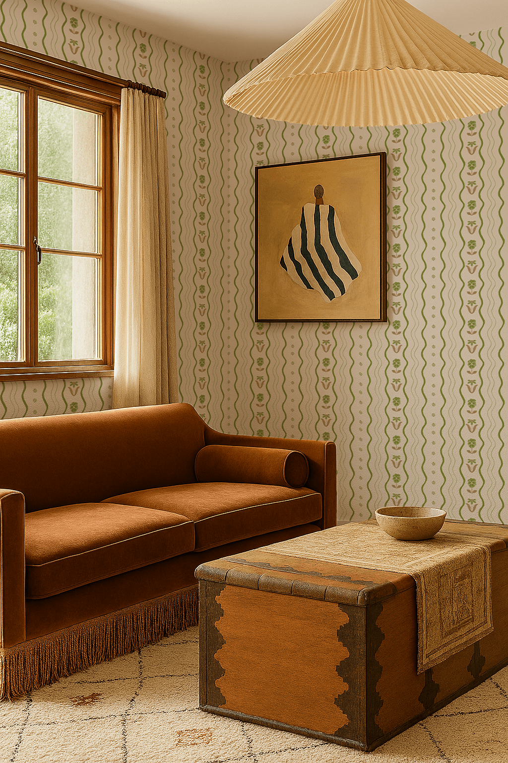 Posy Lane Stripe Wallpaper, beige and green
