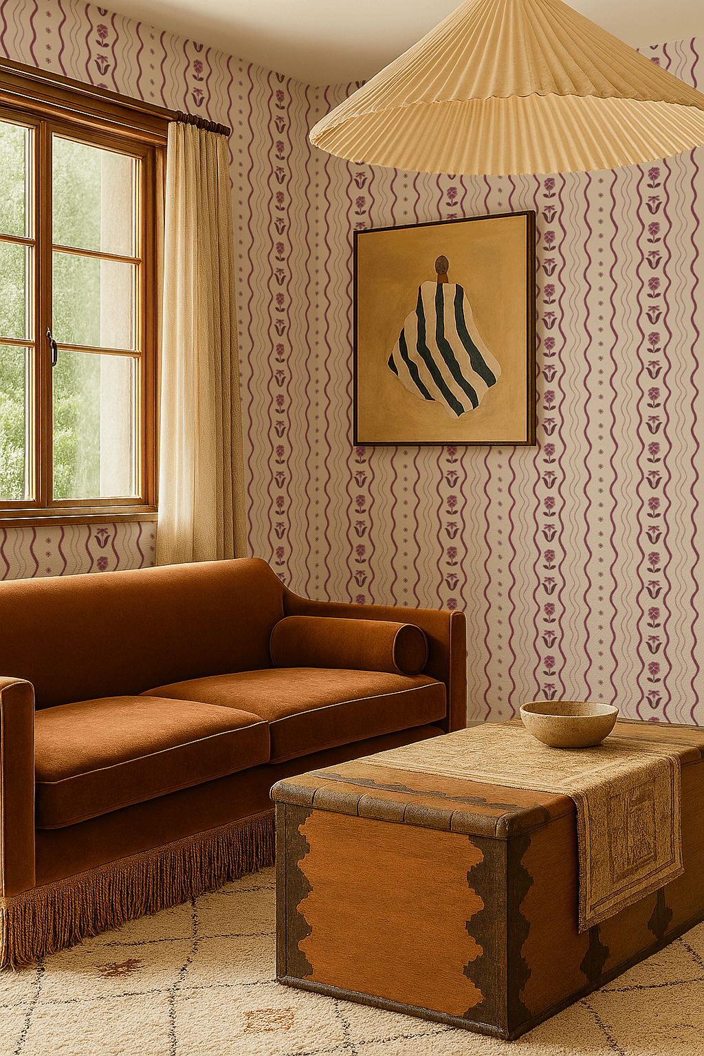 Posy Lane Stripe Wallpaper, beige and plum purple