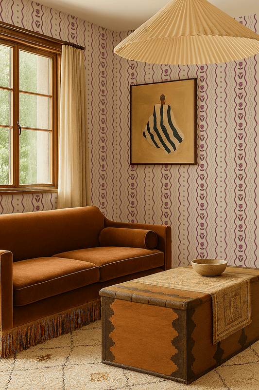Posy Lane Stripe Wallpaper, beige and plum purple