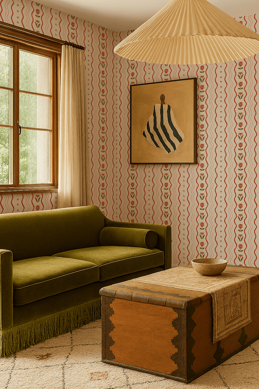 Posy Lane Stripe Wallpaper, beige and poppy red