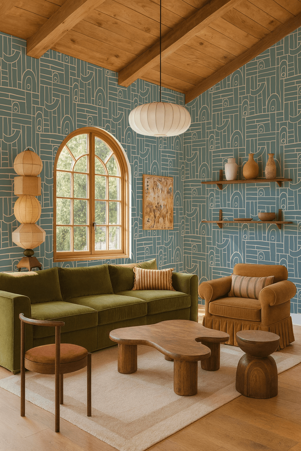 Deco Tile Wallpaper, dusty blue and white