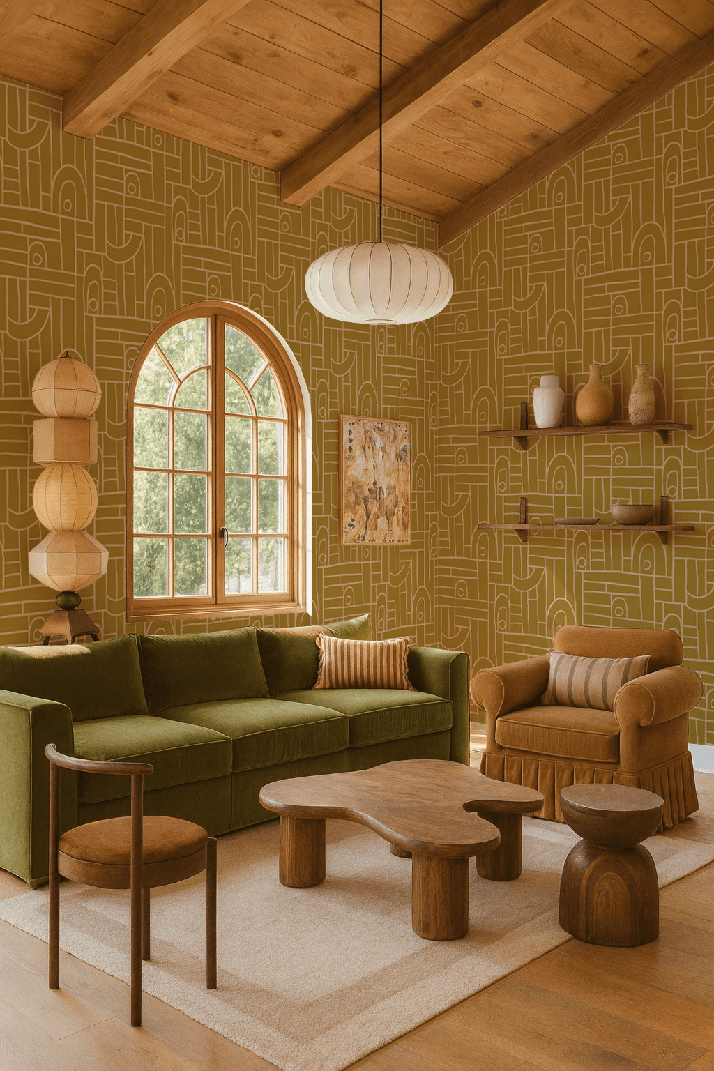 Deco Tile Wallpaper, mustard and peach