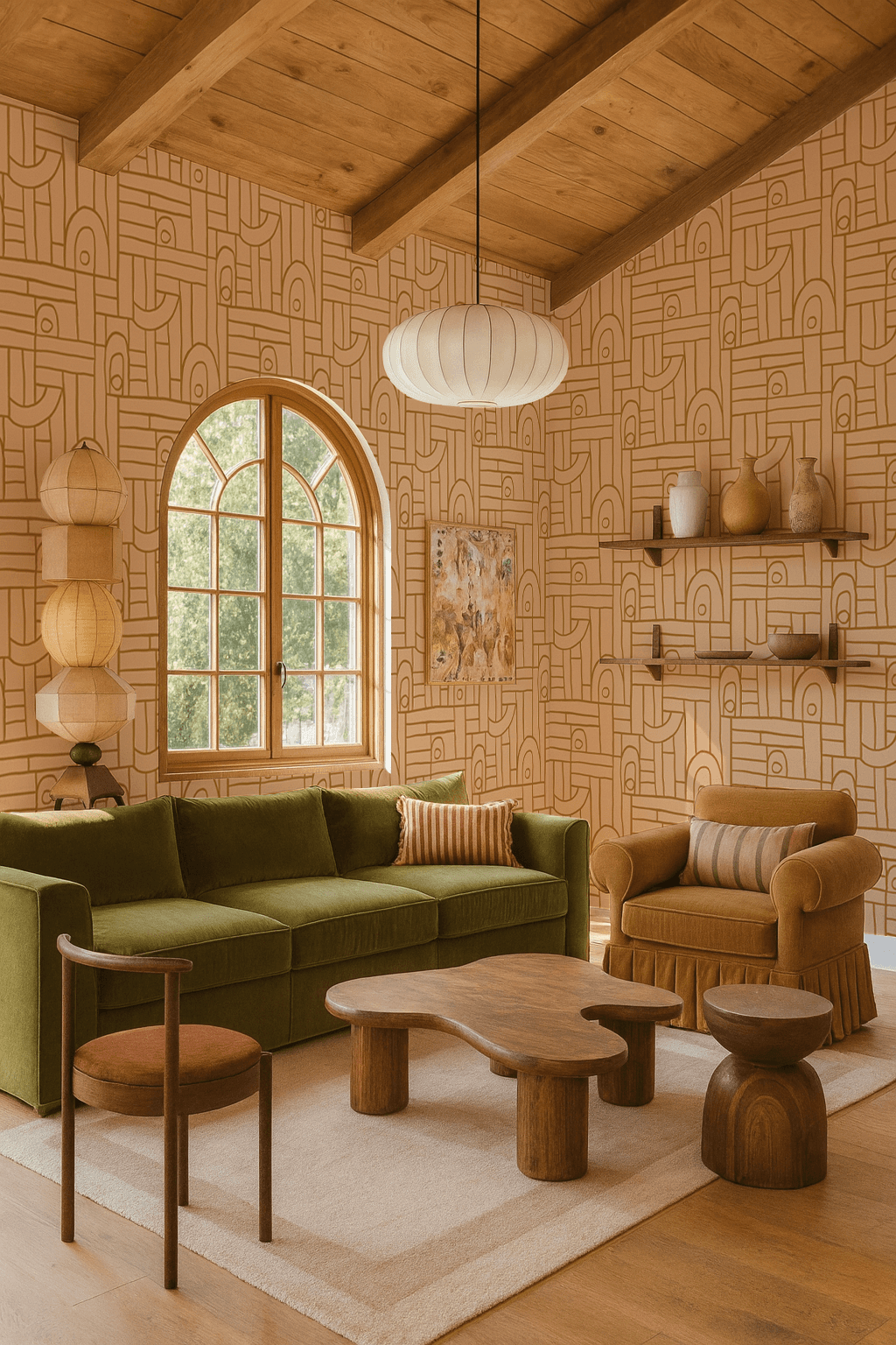 Deco Tile Wallpaper, peach and mustard