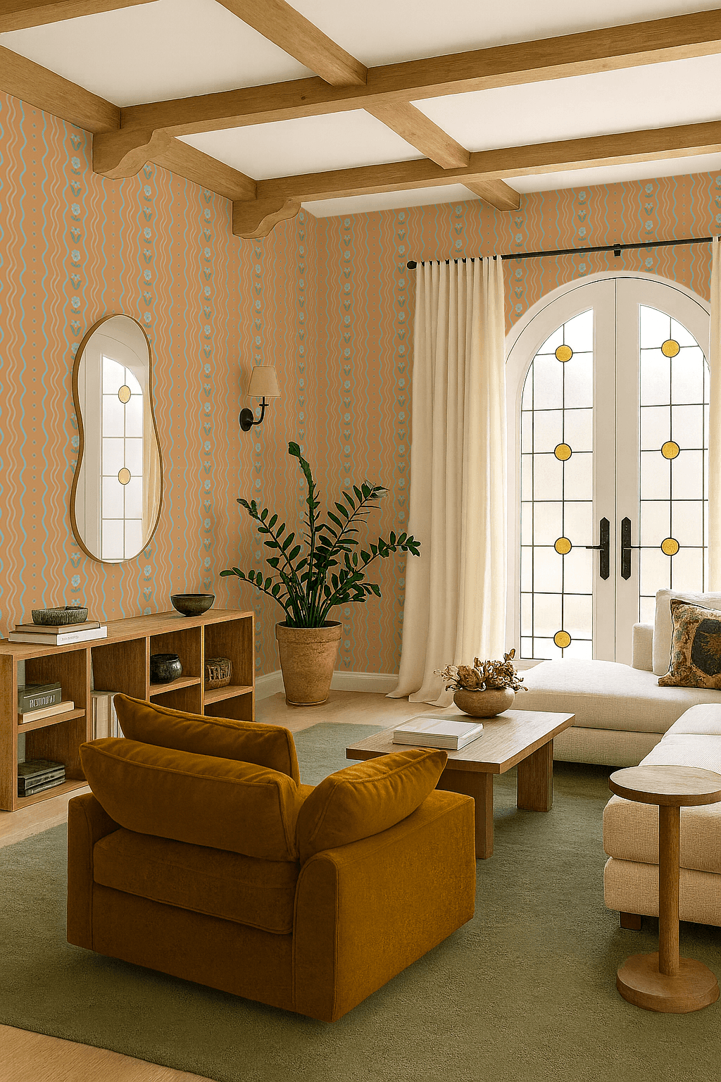 Posy Lane Stripe Wallpaper, apricot and light blue