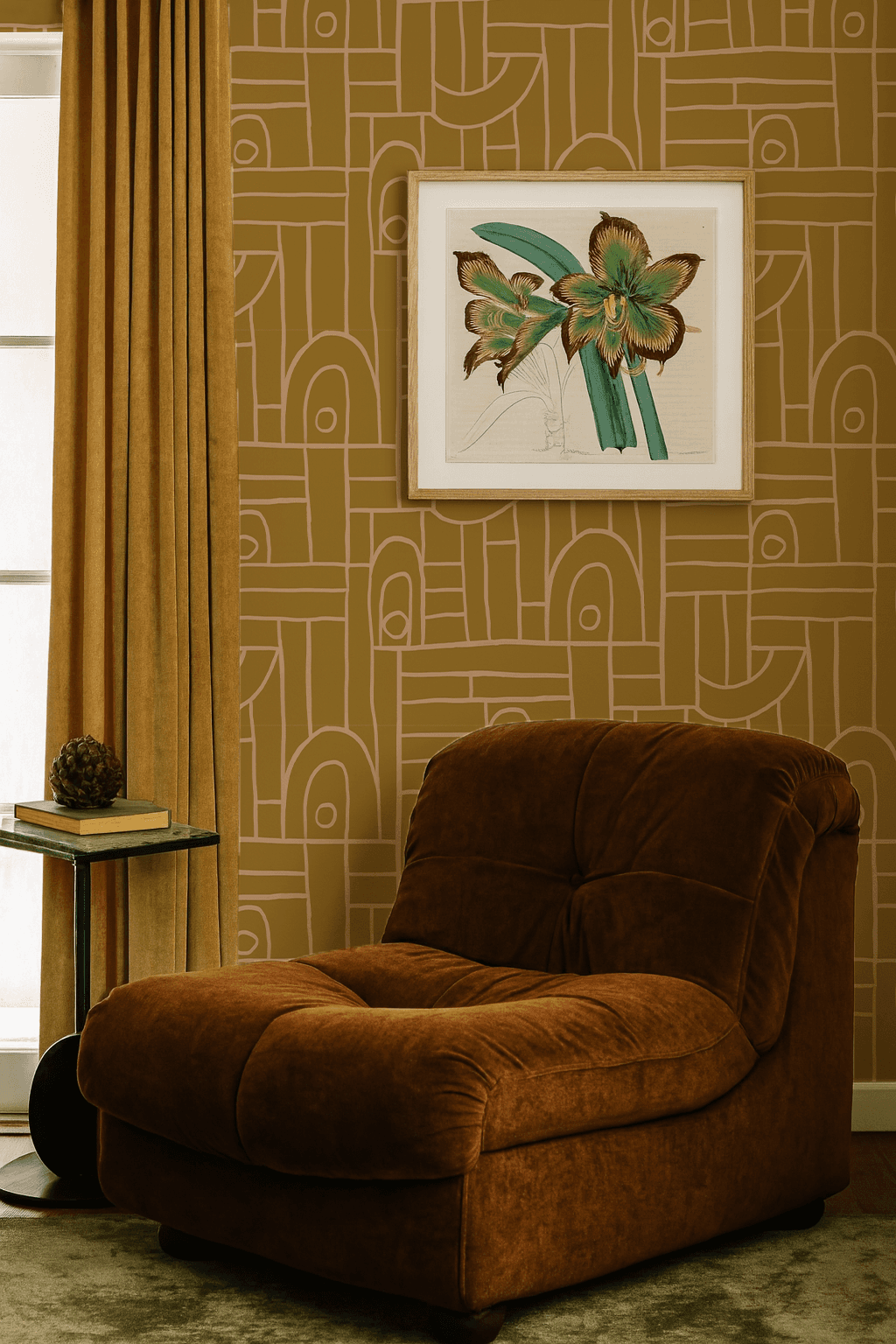 Deco Tile Wallpaper, mustard and peach