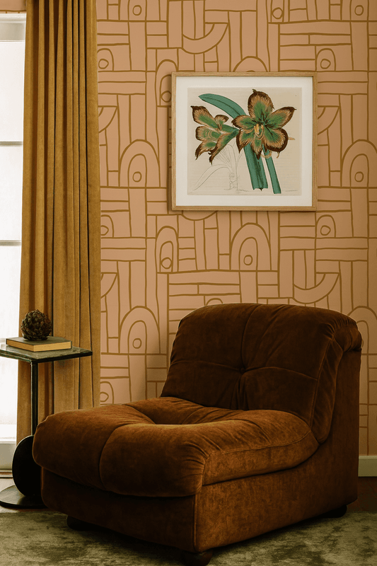 Deco Tile Wallpaper, peach and mustard
