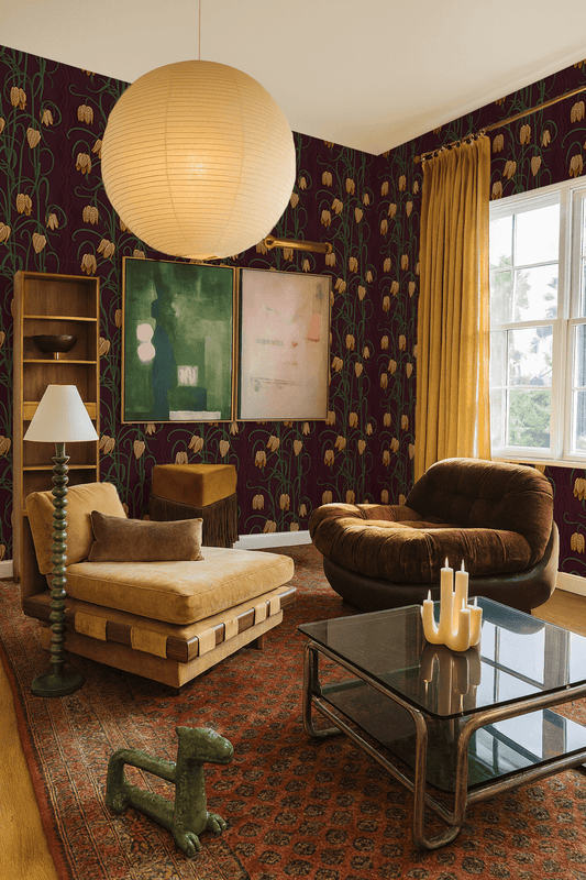 Campanas Wallpaper, eggplant and toffee