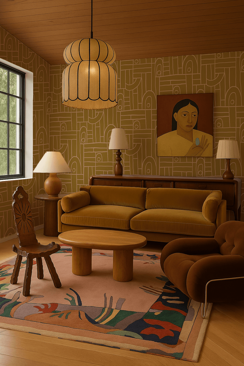 Deco Tile Wallpaper, mustard and peach