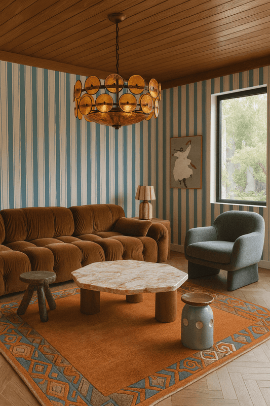 Riviera Stripe Wallpaper, off-white and dusty blue