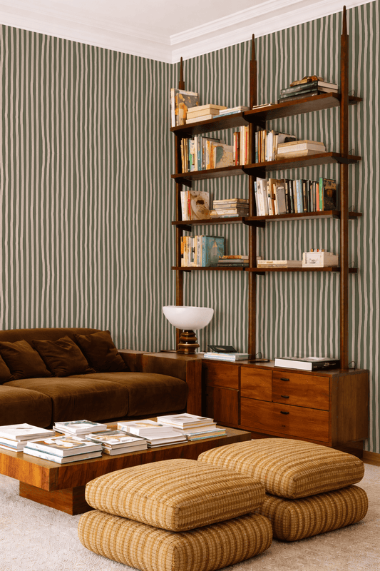 Dolce Stripe Wallpaper, olive green and tan