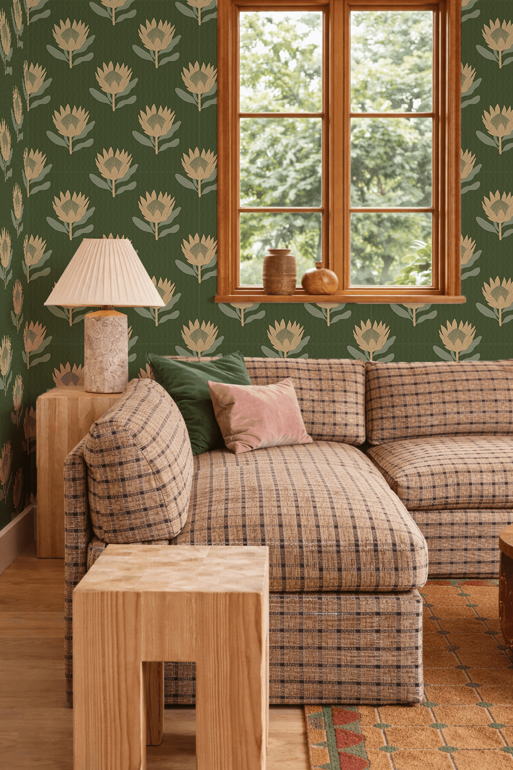 King Protea Wallpaper, forest green and butter yellow