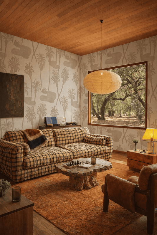 Palm Oasis Wallpaper, tan and white