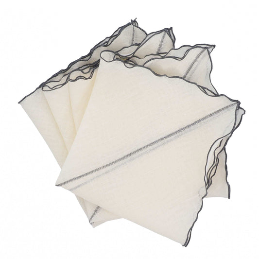 Milano Linen Napkins With Charcoal Ruffled Edges, Set of 4