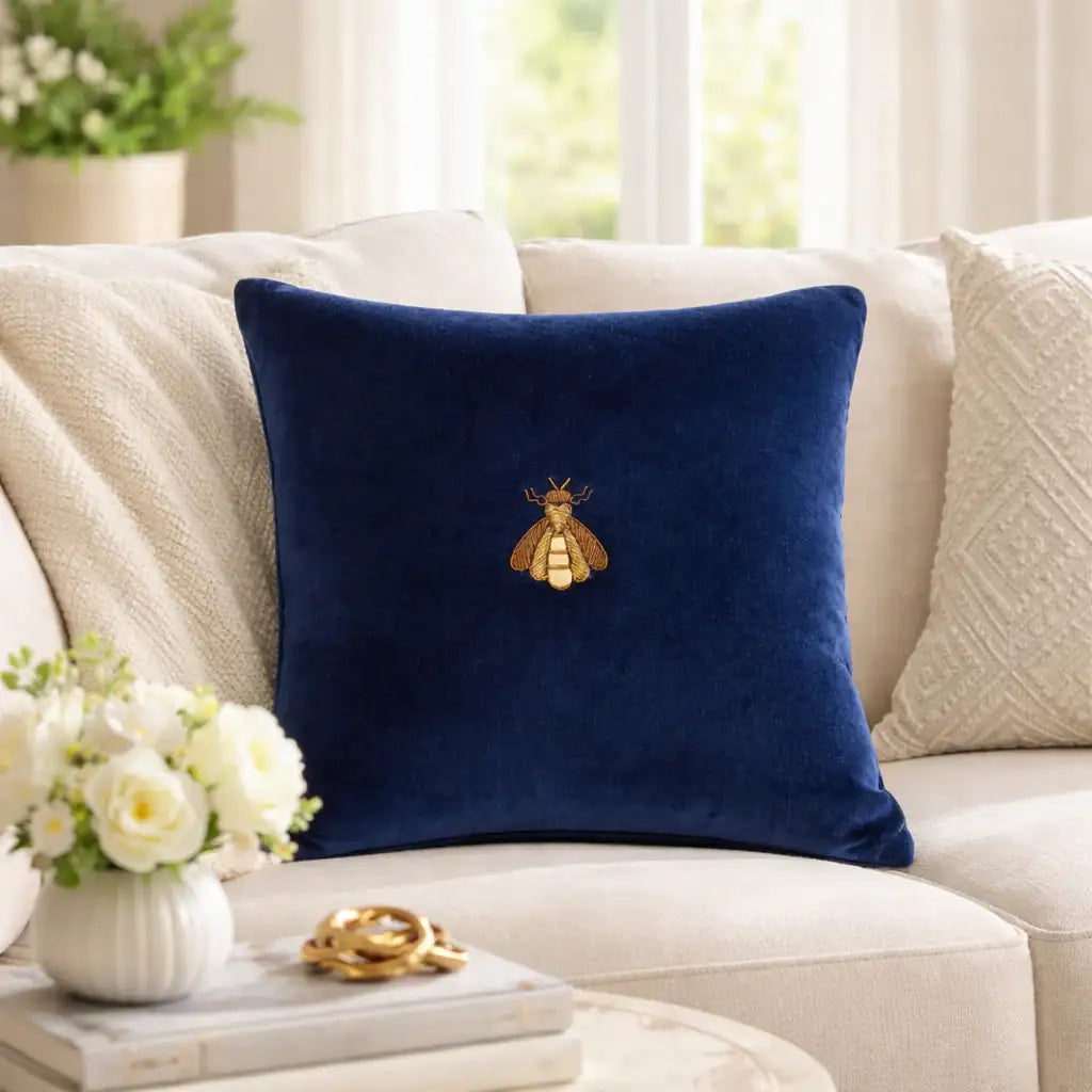 Navy Bee Silk Velvet Throw Pillow Cover 20 X 20