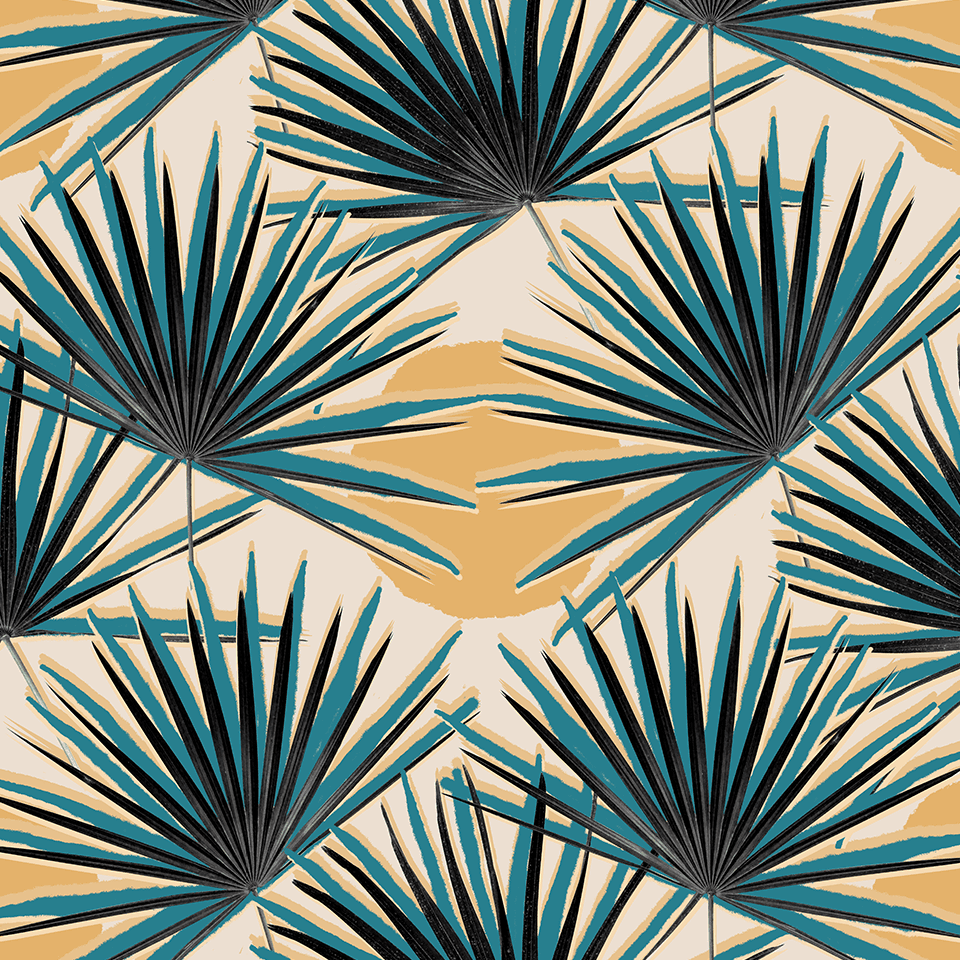 Palm Deco Wallpaper, blue and orange