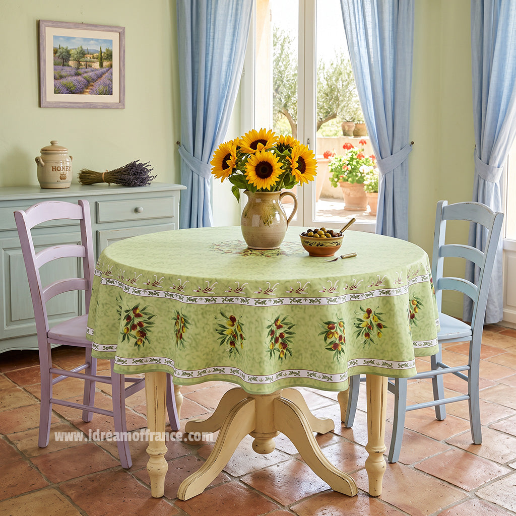 French Provencal tablecloth - Polyester - Stain-resistant - 70" round - Provence Olivier green | Provence Imports