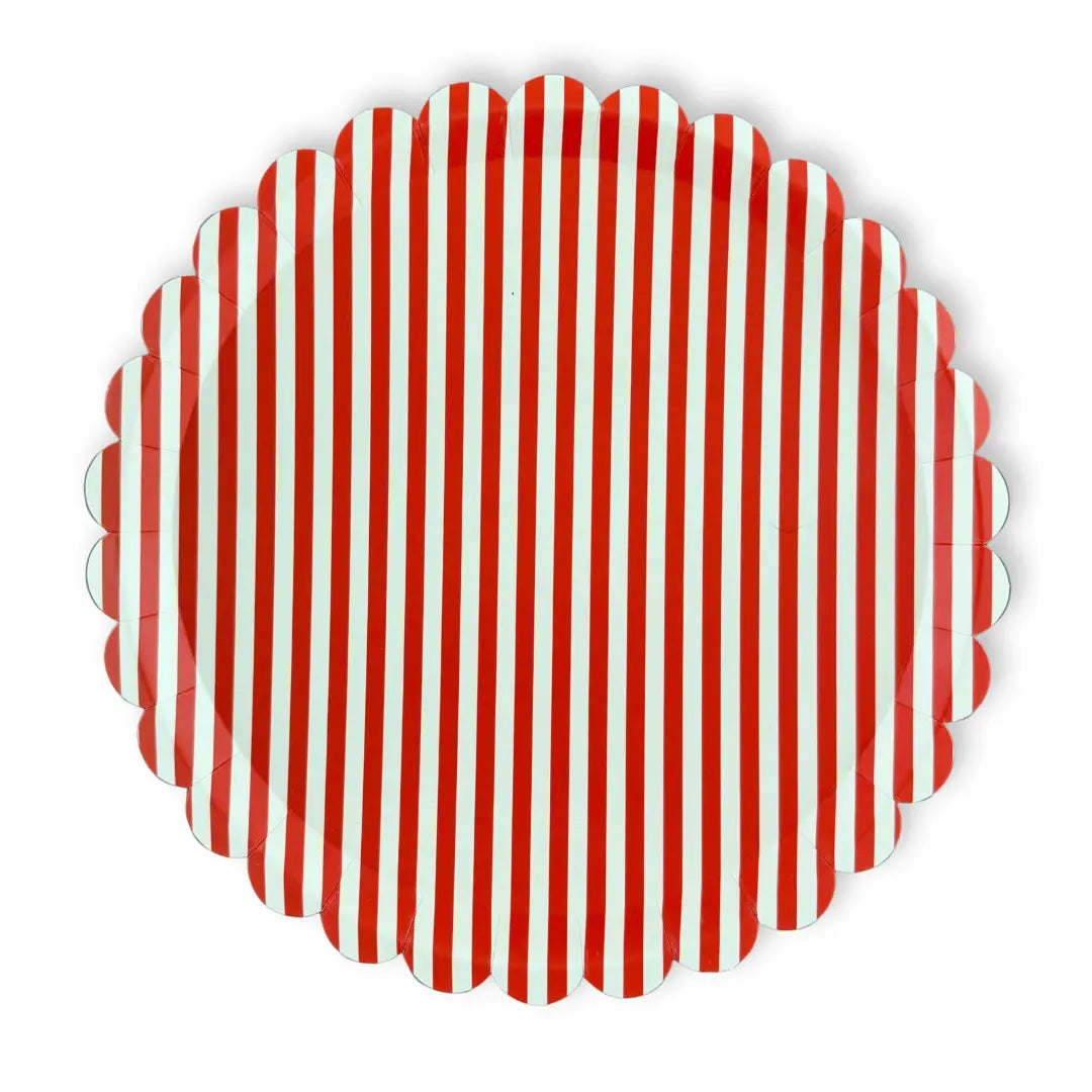 Candy Cane Stripe Christmas Plates, Red Scalloped (12 Pack)