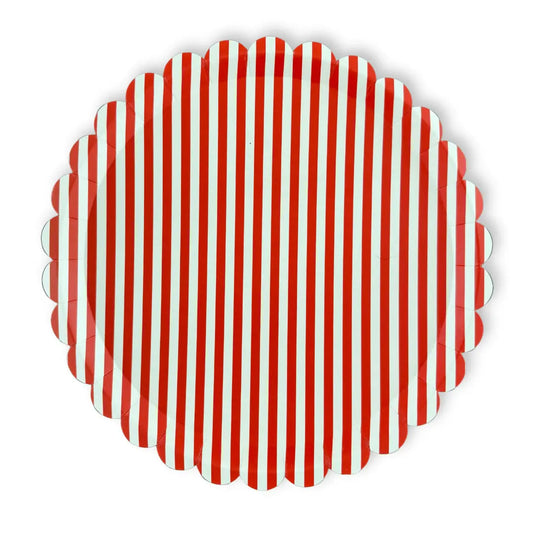 Candy Cane Stripe Christmas Plates, Red Scalloped (12 Pack)