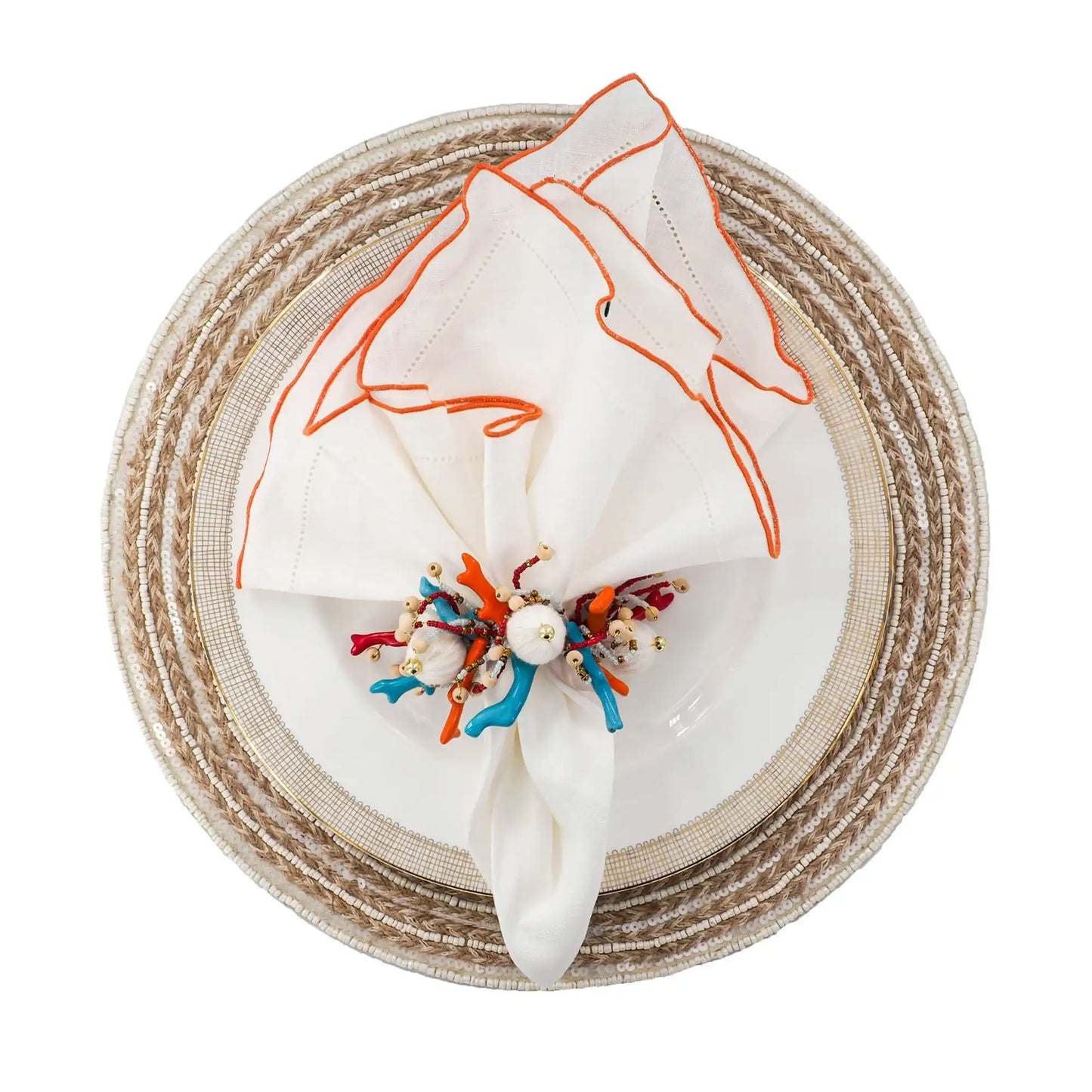 White Linen Napkins With Orange Ruffled Hemstitch Edges, Set of 4
