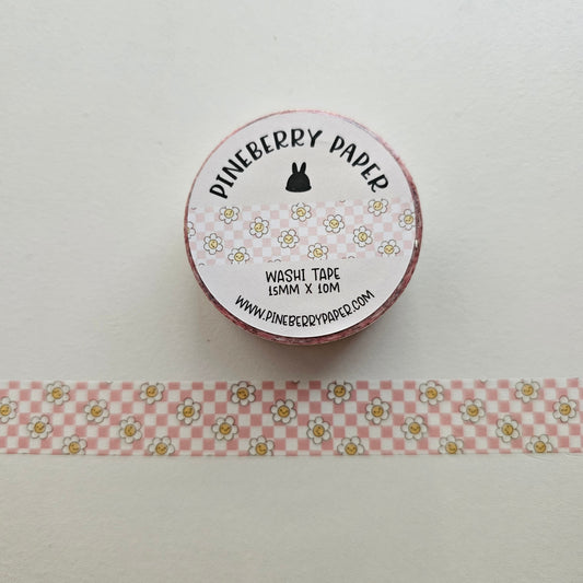 Pink Checkered Daisy Washi Tape | 15mm x 10m