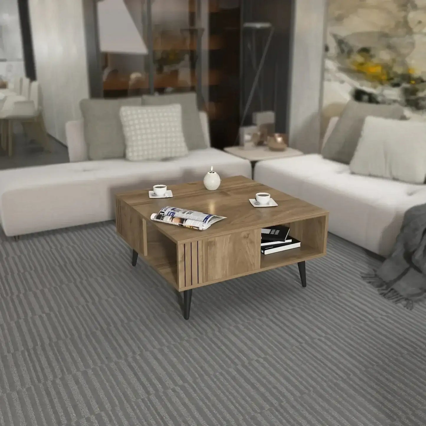 Ronas 35 inch Wide Square Coffee Table with Open Shelf Storage | Cocktail Table