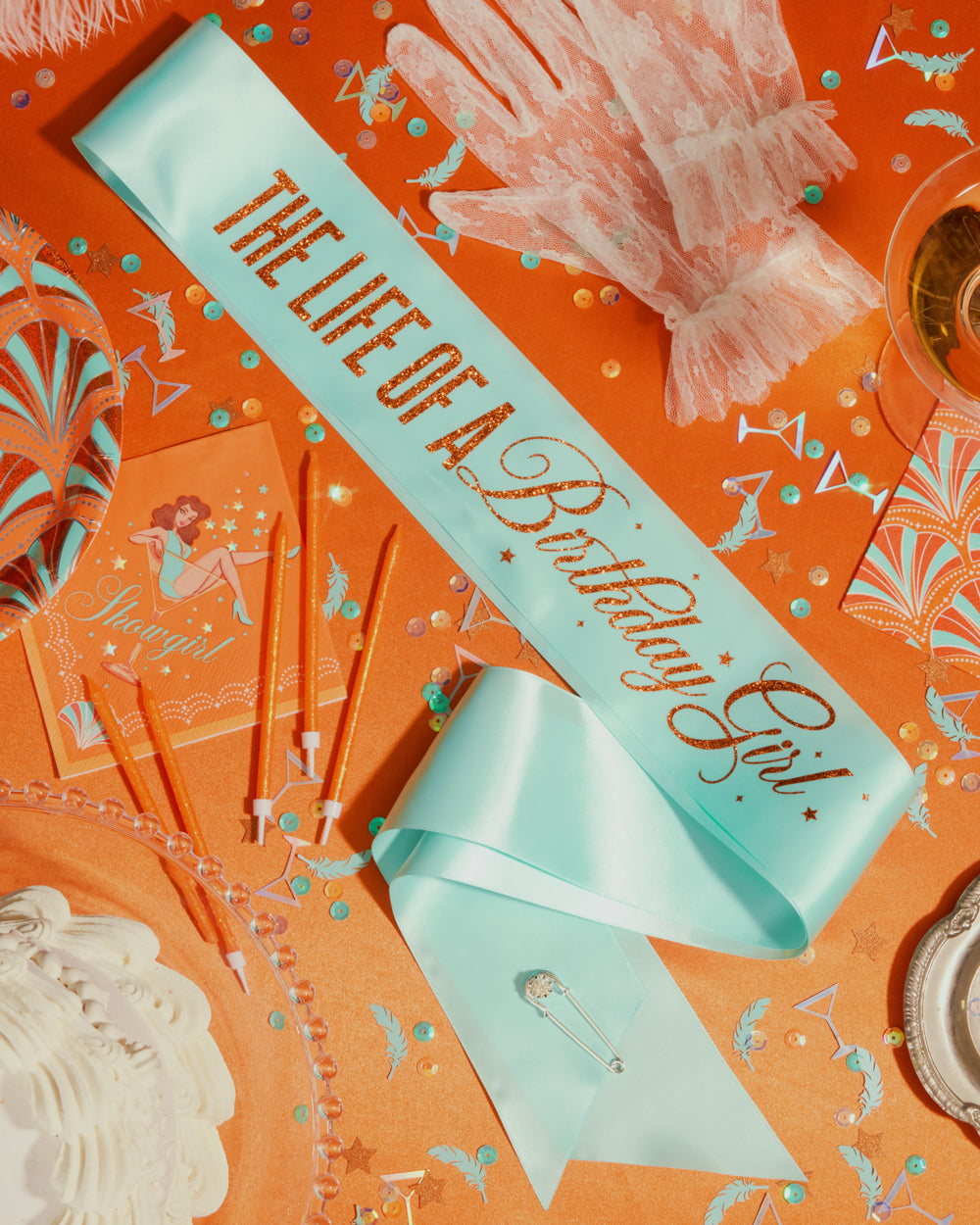 Life of A Birthday Girl Sash - teal sash + orange foil