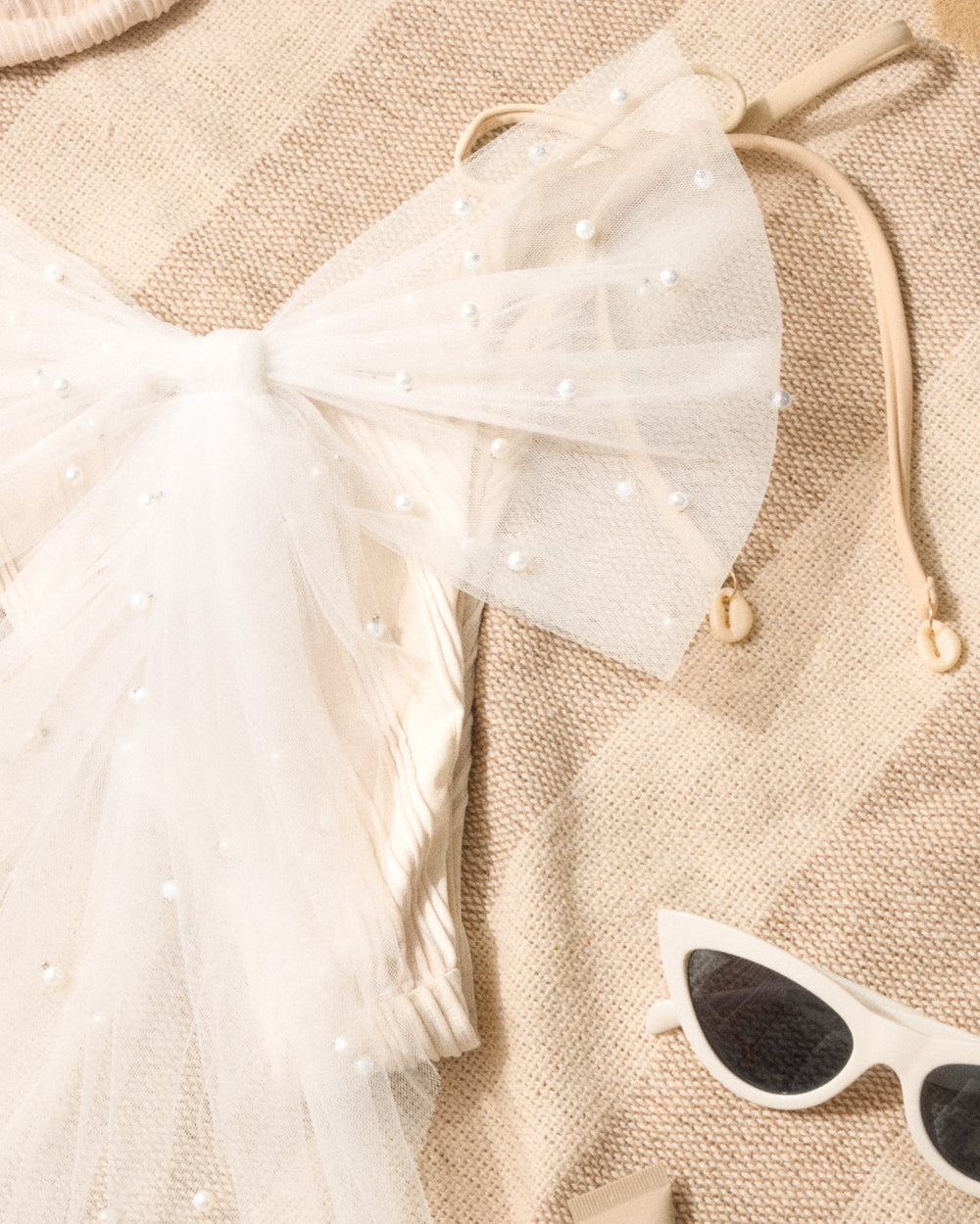 Pearl Bikini Bow - white tulle bow with pearls