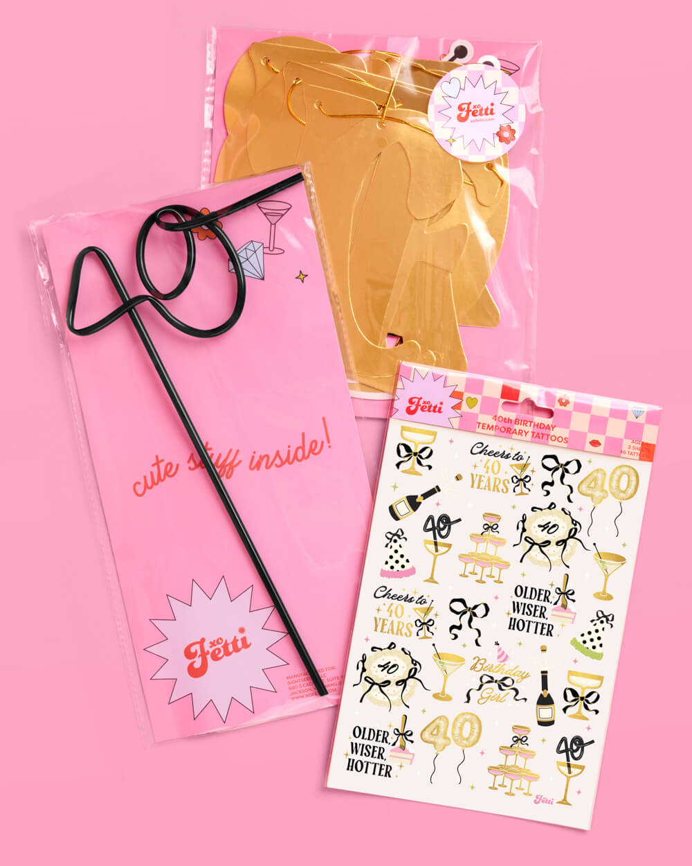 40th Bday Bundle - tats, banner, + straw
