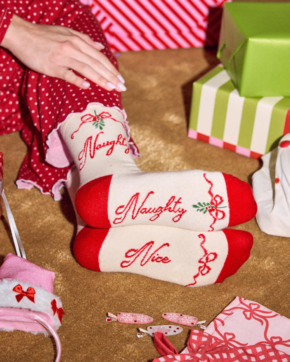 Naughty & Nice Knit Socks - cream crew socks