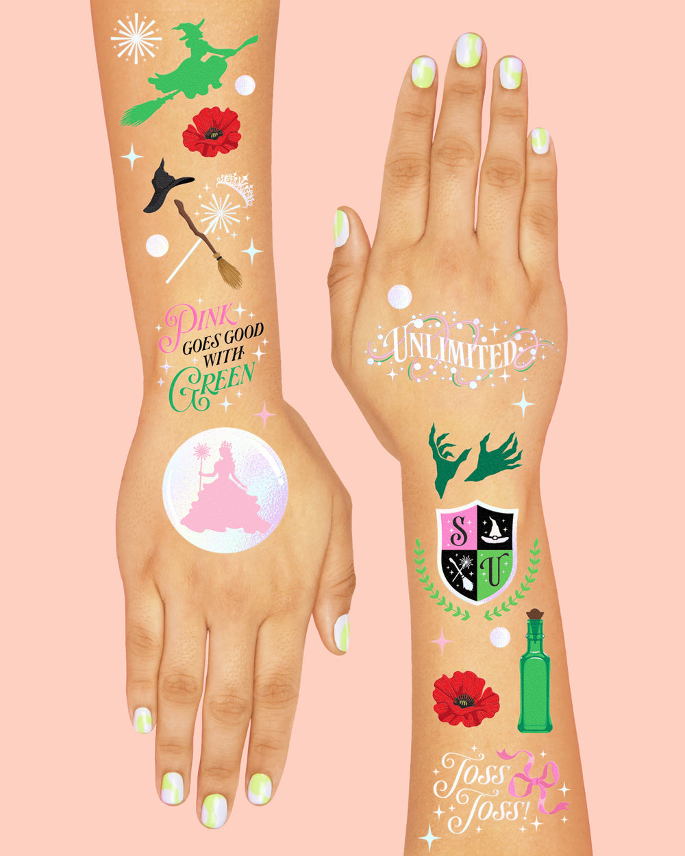 Pink Goes Good w. Green Tats - 50 temporary tattoos