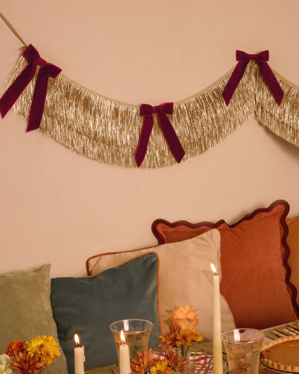 Golden Bow Fringe - layered fringe + velvet bows