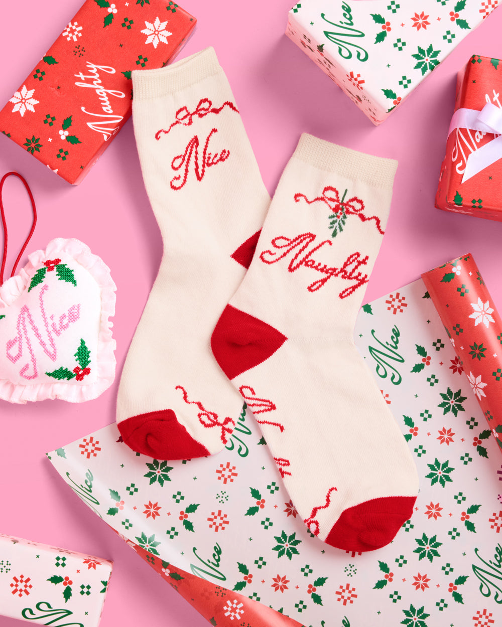 Naughty & Nice Knit Socks - cream crew socks