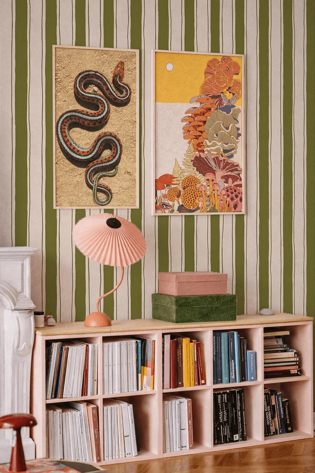 Riviera Stripe Wallpaper, off-white and olive green