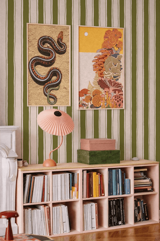 Riviera Stripe Wallpaper, off-white and olive green