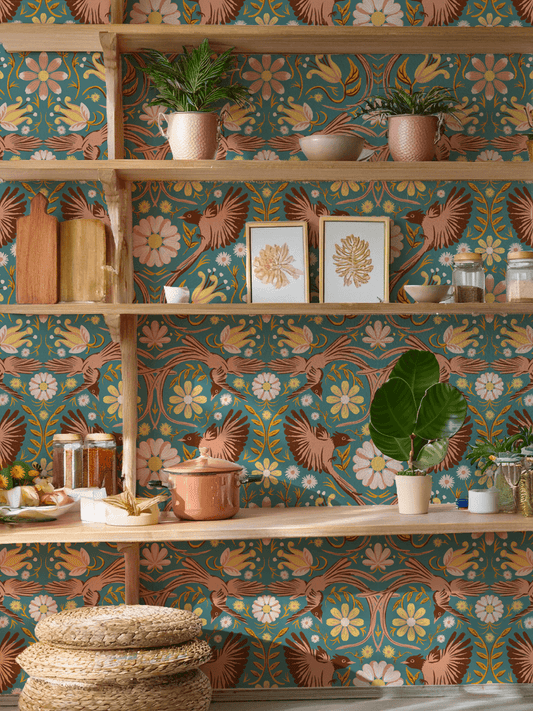 Folkie Birdie Wallpaper, dusty teal, peach and rust