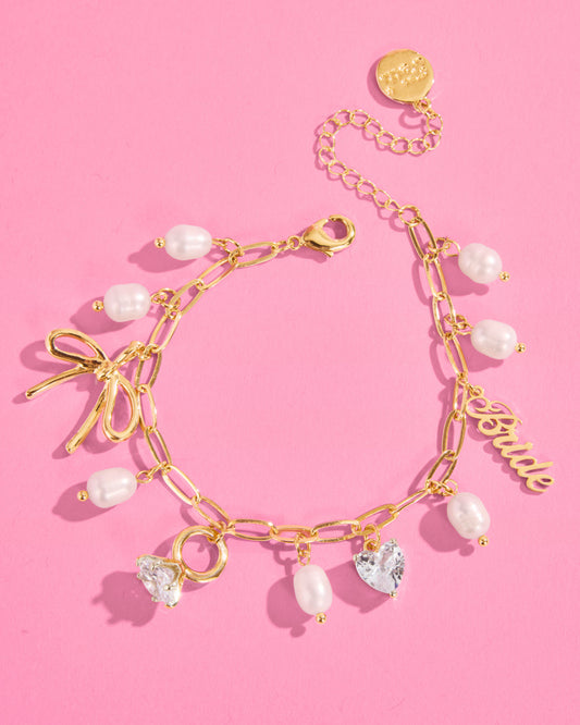 Bride Charm Bracelet - gold, rhinestones + pearls