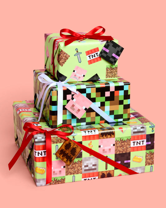 Pixel Mining Wrapping Paper Set - 12 sheets + 16 tags