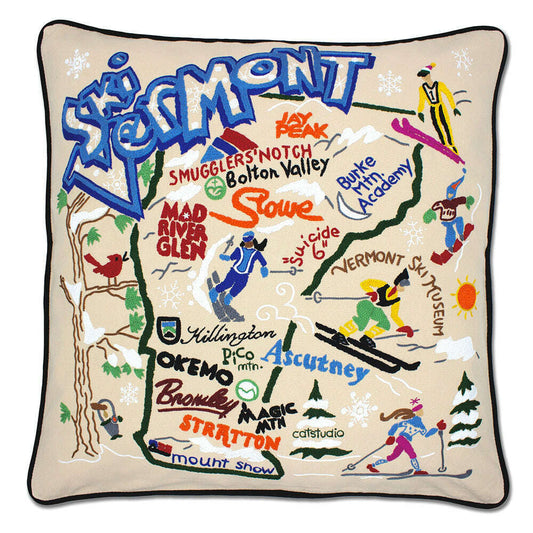 Ski Vermont Hand-Embroidered Pillow