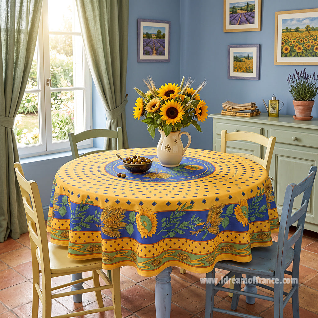 French Provencal tablecloth - Polyester - Stain-resistant - 70" round - Tournesol blue | Provence Imports