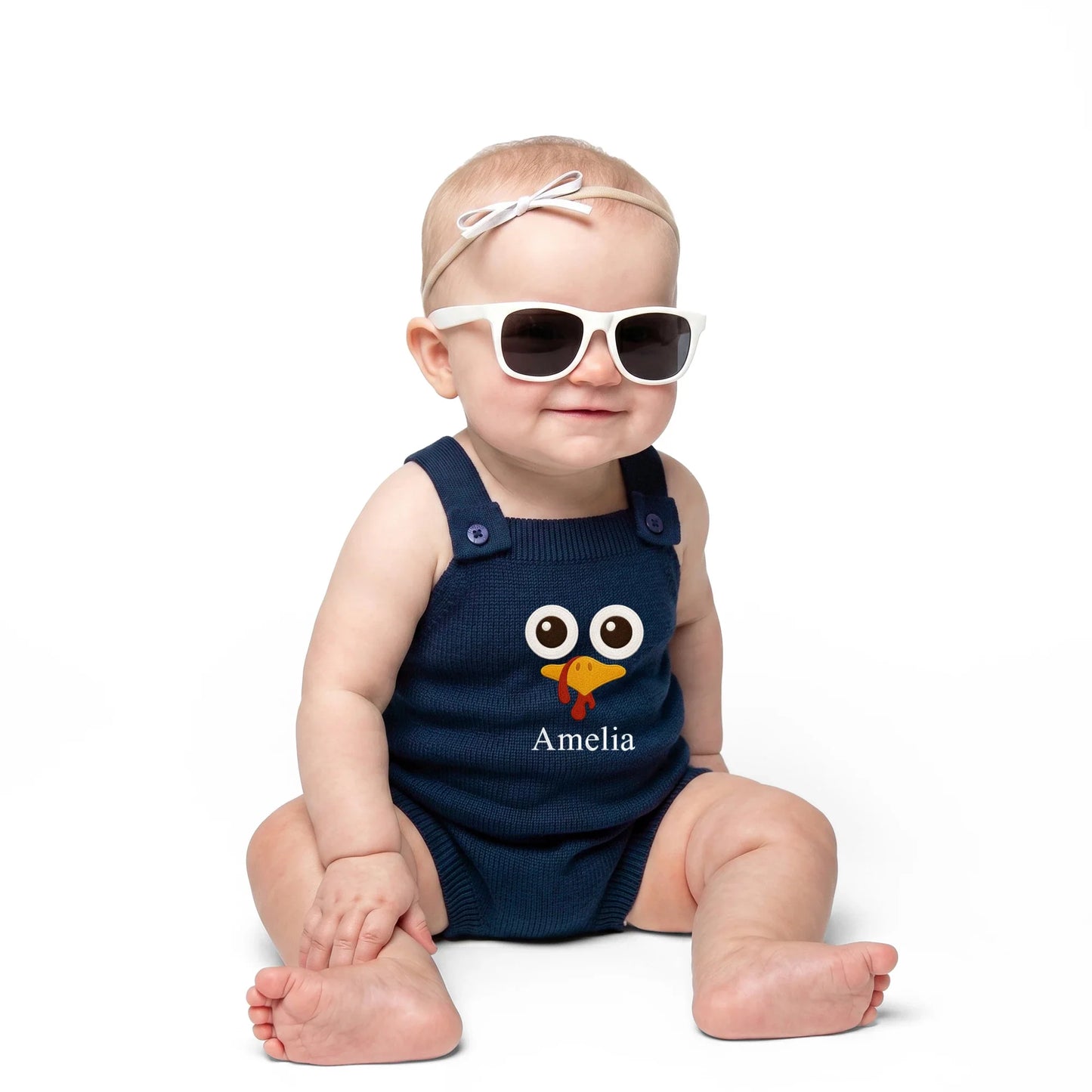 Personalized Turkey Thanksgiving Name Knit Button Strap Romper