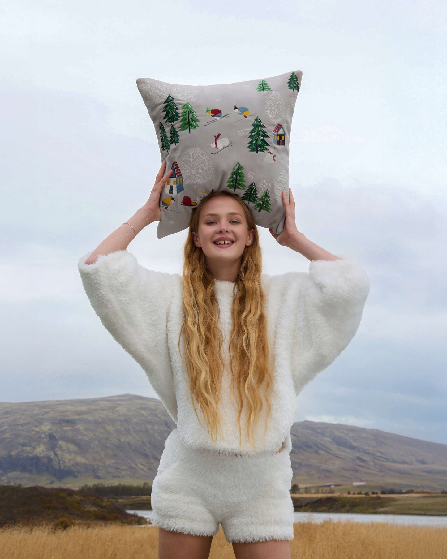 Velvet Embroidered Bear Throw Pillow
