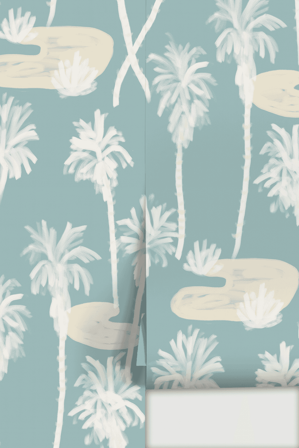 Palm Oasis Wallpaper, dusty blue and white