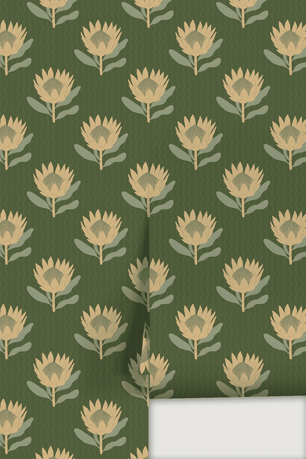 King Protea Wallpaper, forest green and butter yellow
