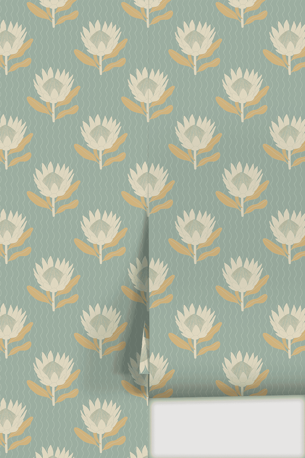 King Protea Wallpaper, light blue and apricot